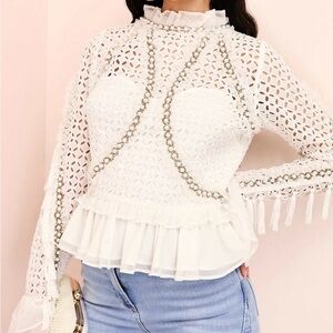 ASOS LUXE - Embellished Eyelet Top With Organza Peplum Hem